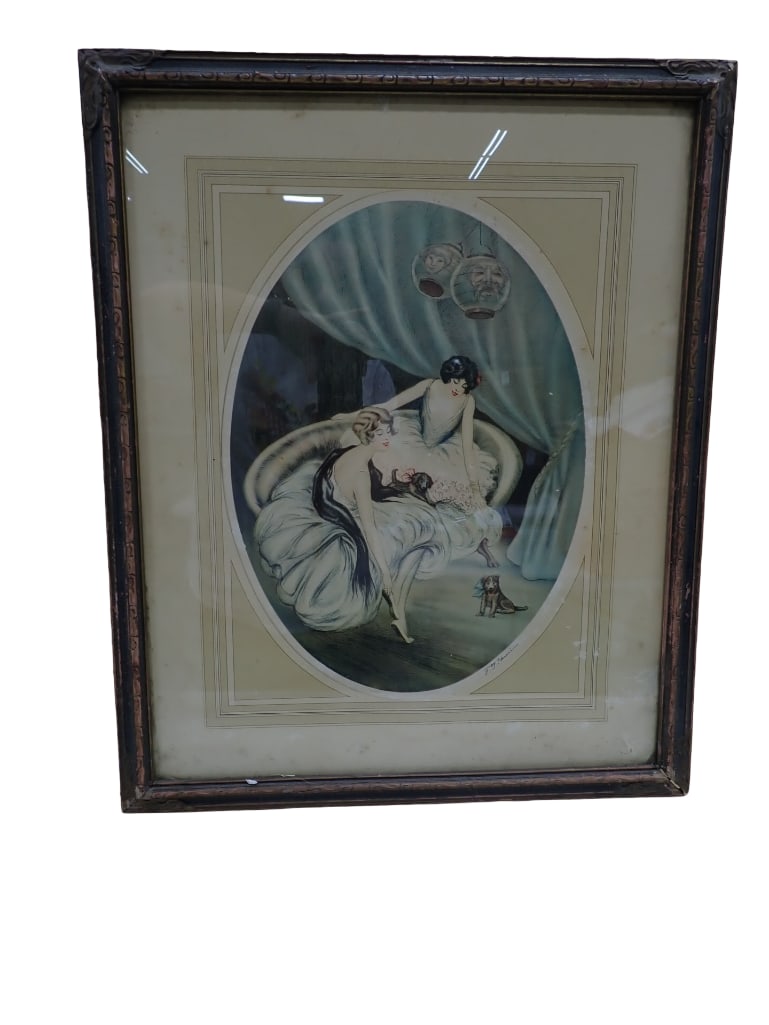 Framed F.G. Henri Art Deco Print - Women and Dogs - Measures roughly 18x22" (1 of 5)