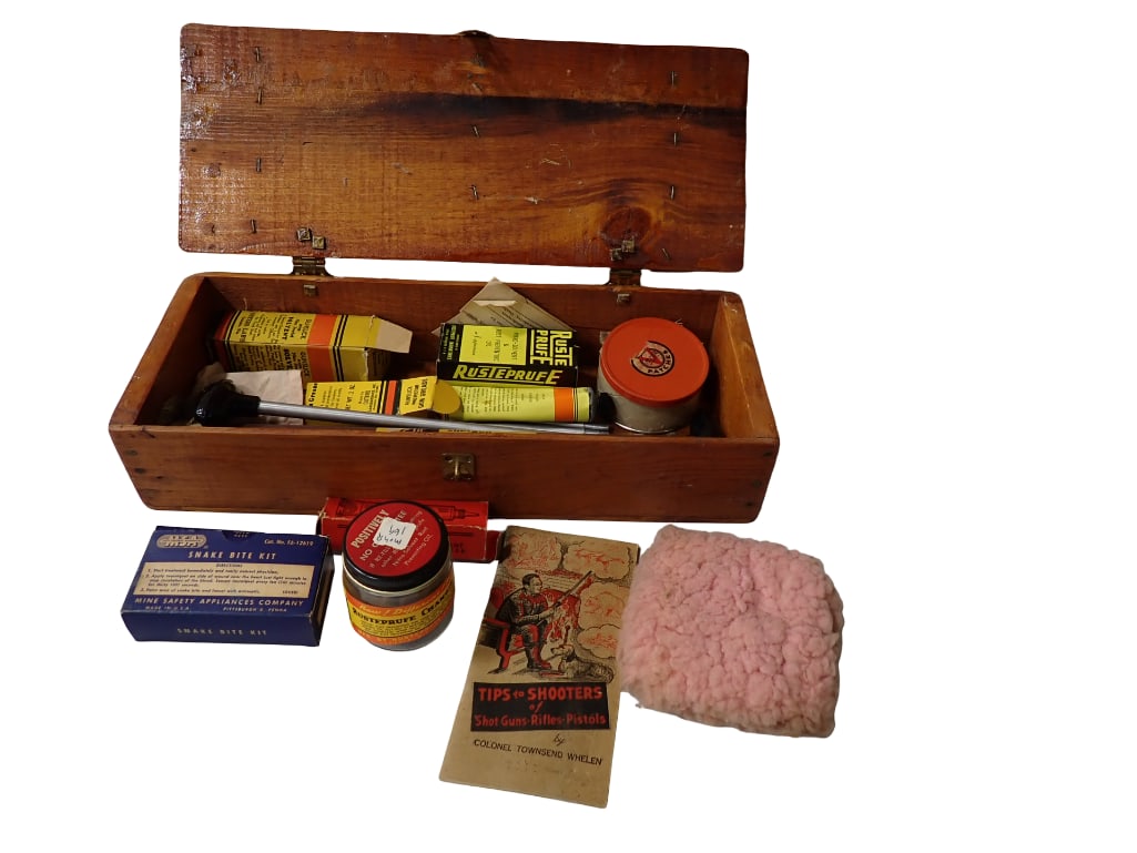 Vintage Wooden Tool Box full of interesting items including Snake Bite Kit, Gun Cleaning Stuff, Rust: Vintage Wooden Tool Box full of interesting items including Snake Bite Kit, Gun Cleaning Stuff, Ruste Prufe, etc. All pictures are considered part of the description and should be examined carefully b