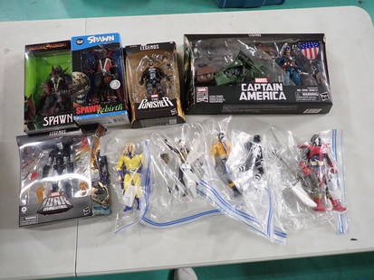 Action Figures Lot incl New in Package Spawn, Spawn Rebirth, The Punisher, Captain America Set, Marv: Action Figures Lot incl New in Package Spawn, Spawn Rebirth, The Punisher, Captain America Set, Marvel War Machine plus assorted loose action figures  All pictures are considered part of the descripti