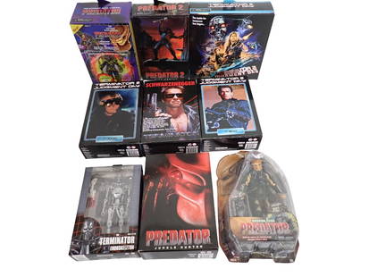 9 Action Figures New in Package incl Neca Terminator 2 Judgement Day, Predator, etc: 9 Action Figures New in Package incl Neca Terminator 2 Judgment Day, Predator, etc  All pictures are considered part of the description and should be examined carefully by bidders.  Live Auctioneers i