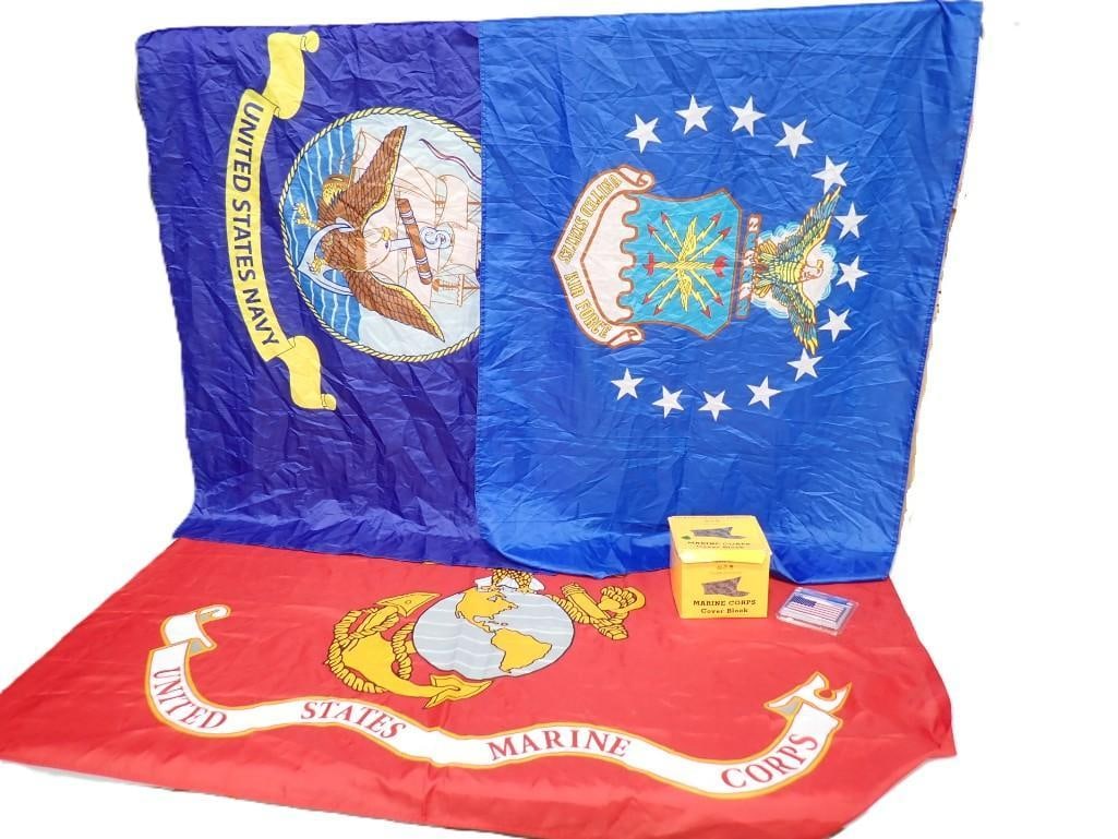 United States Military Flags including Marine Corps, Navy, Air Force and a Marine Corps Cover Block (1 of 7)
