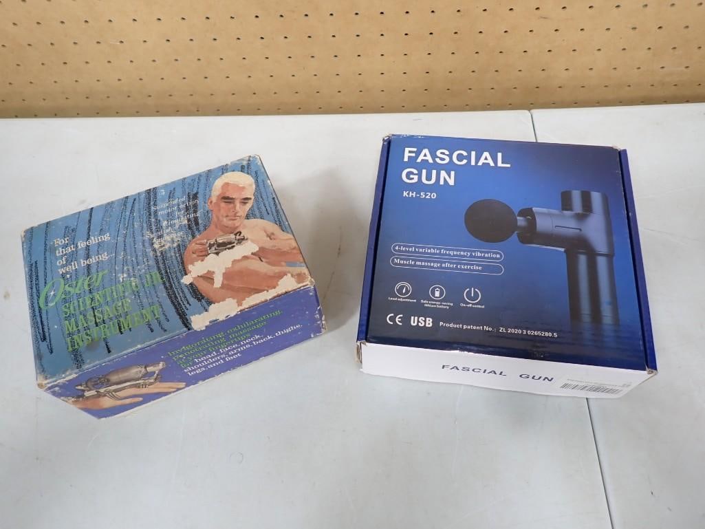 Fascial Gun Massager and a Vintage Oster Massager: Fascial Gun Massager and a Vintage Oster Massager All pictures are considered part of the description and should be examined carefully by bidders. Live Auctioneers is now offering Live Shipping throug