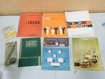 Lot of Vintage Salesman Catalogs including Locksmith, Corning Ware, Bell Electric, Atkins, Pyrex: Lot of Vintage Salesman Catalogs including Locksmith, Corning Ware, Bell Electric, Atkins, Pyrex, etc. All pictures are considered part of the description and should be examined carefully by bidders.