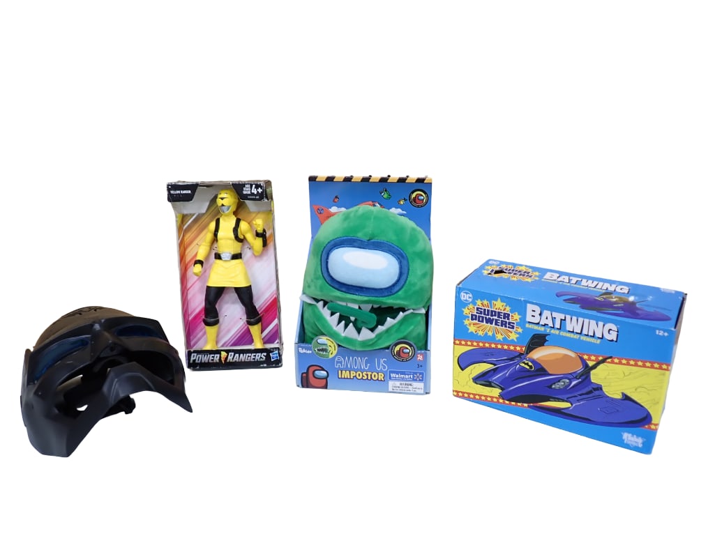Toys Lot incl Super Powers Batwing, Among Us Imposter, Power Rangers Yellow Figure, Mask: Toys Lot incl Super Powers Batwing, Among Us Impostor, Power Rangers Yellow Figure, Mask. Batwing, Impostor, and Power Rangers Figure are all in original boxes. All pictures are considered part 