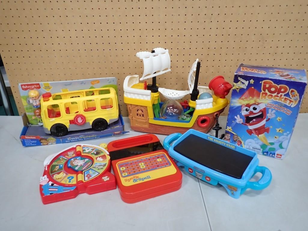 Lot of Toys incl Pop Rocket, Fisher Price See N Say, Speak & Spell, Little People Sit with Me School: Lot of Toys incl Pop Rocket, Fisher Price See N Say, Speak & Spell, Little People Sit with Me School Bus, Little People Pirate Ship, etc. Some have original Boxes. Includes everything 