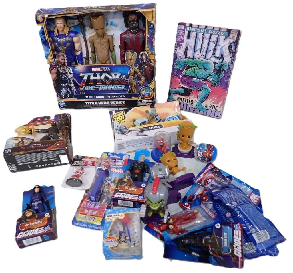 Toy Lot including Marvel Thor, Hulk Comic 25 Cent #1, New in package GI-Joe, Power Rangers, Pez, (1 of 12)