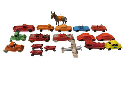 Lot of Toy Cars, Vehicles, Etc incl Die Cast Locomotive, Die Cast Racecars, Rubber Cars, etc: Lot of Toy Cars, Vehicles, Etc incl Die Cast Locomotive, Die Cast Racecars, Rubber Cars, etc.&nbsp; Also includes a plastic toy donkey.&nbsp; Condition:&nbsp; rubber cars are sticky from age and have