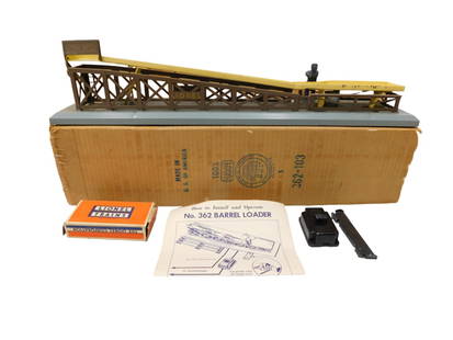 Lionel No 362 Barrel Loader Model Train Accessory in Original Box with 362-78 Barrels: Lionel No 362 Barrel Loader Model Train Accessory in Original Box with Lionel 362-78 Barrels  All pictures are considered part of the description and should be examined carefully by bidders.  Live Auc