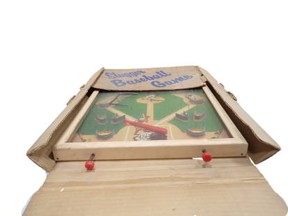 Vintage Slugger Baseball Game Tabletop Pinball Style Game in Original Box: Vintage Slugger Baseball Game Tabletop Pinball Style Game in Original Box  All pictures are considered part of the description and should be examined carefully by bidders.  Live Auctioneers is now off