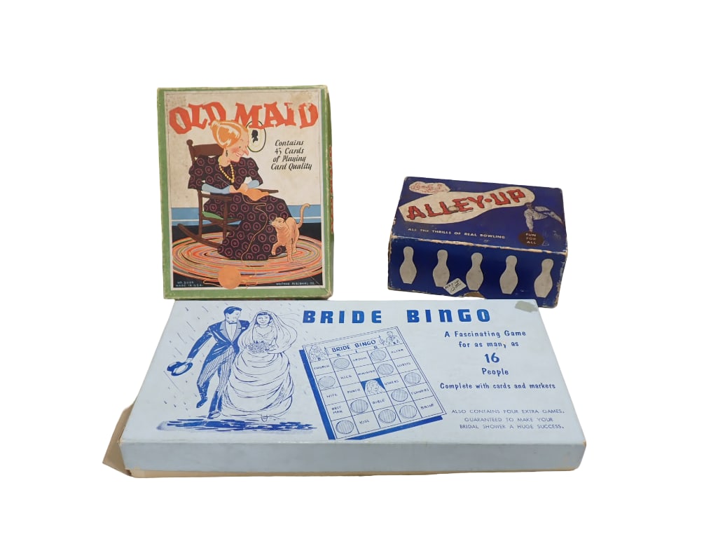 Vintage Games incl Alley-Up, Bride Bingo, Old Maid All in Original Boxes: Vintage Games incl Alley-Up, Bride Bingo, Old Maid All in Original Boxes . Unchecked for completeness. All pictures are considered part of the description and should be examined carefully by bi