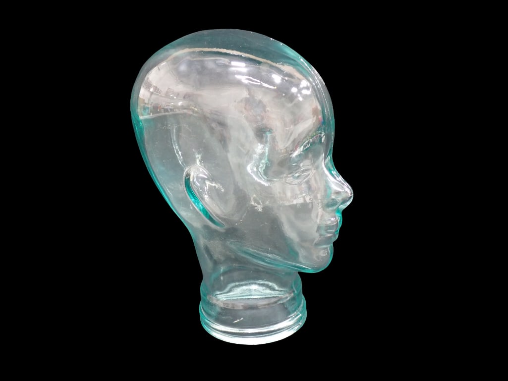 Glass Head Sculpture Light Blue Green: Glass Head Sculpture Light Blue Green . Great for hats or wigs. 9"x6"x12" All pictures are considered part of the description and should be examined carefully by bidders. Live 