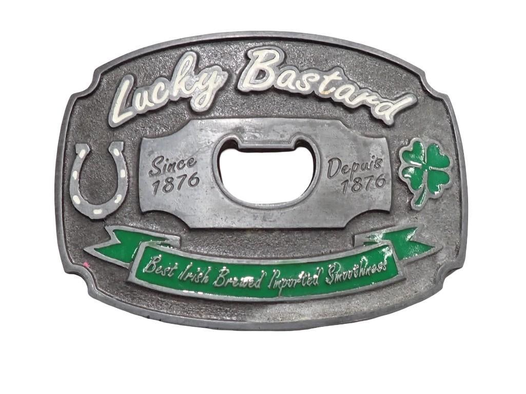 Lucky Bastard Bottle Opener Belt Buckle. Best Irish Brewed Imported Smoothness Since 1876: Lucky Bastard Bottle Opener Belt Buckle. Best Irish Brewed Imported Smoothness Since 1876 All pictures are considered part of the description and should be examined carefully by bidders. Live Auctio
