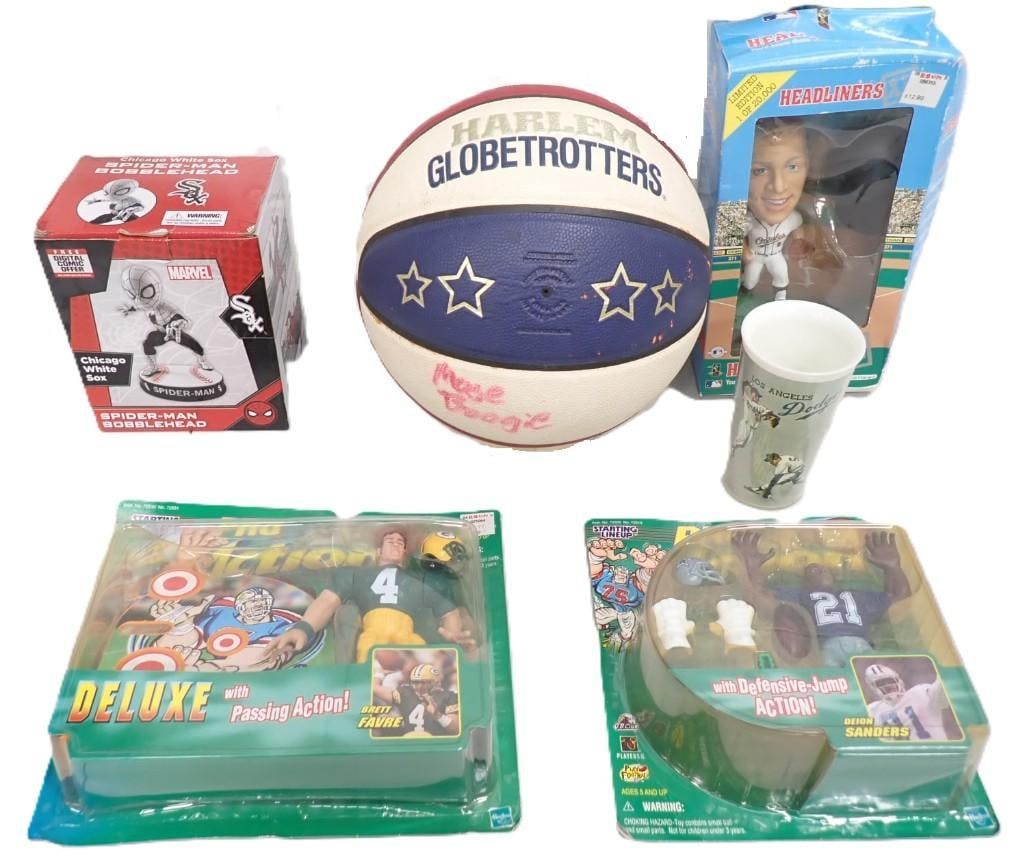 Sports Lot including Harlem Globetrotters Basketball with Autographs (NO COA), Starting Lineup, Head (1 of 11)
