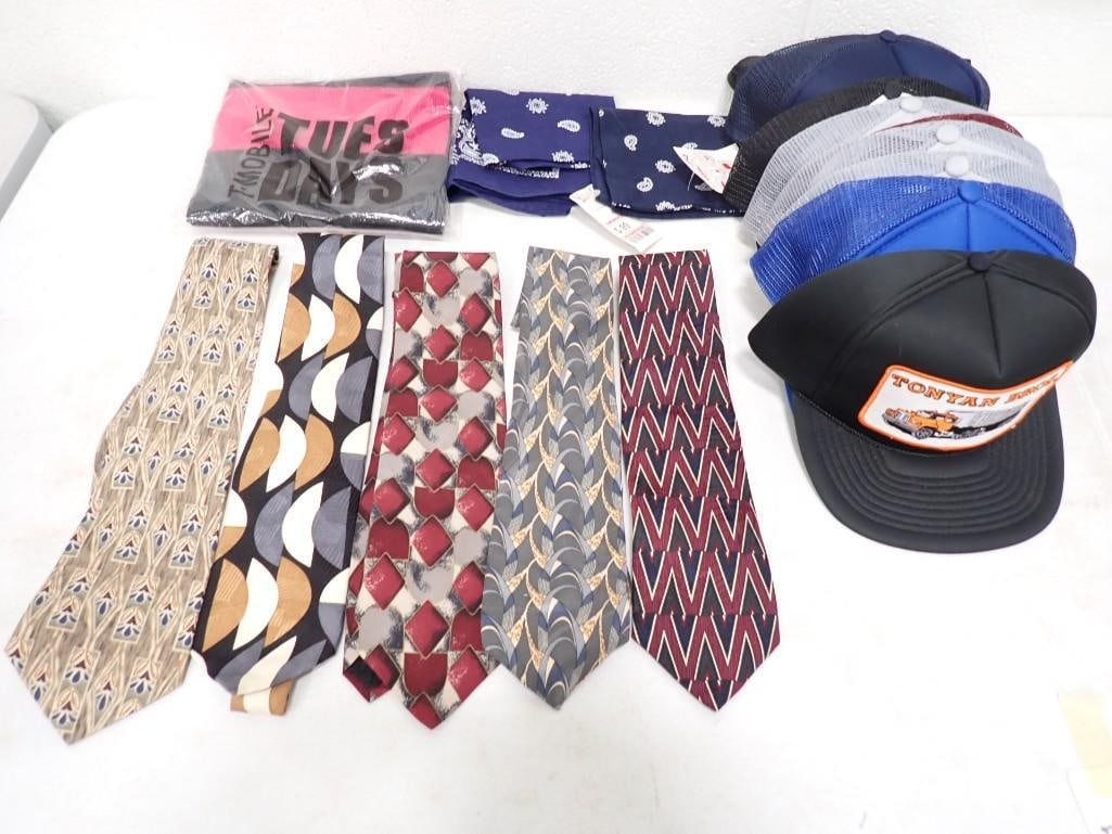Lot of Trucker Hats, Ties, Bandannas, etc: Lot of Trucker Hats, Ties, Bandannas, etc. 10x9x5" All pictures are considered part of the description and should be examined carefully by bidders. Live Auctioneers is now offering Live Shipping t