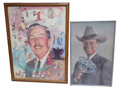 Framed Print of Walt Disney with some Characters in the Background and Framed Dallas JR Ewing Puzzle: Framed Print of Walt Disney with some Characters in the Background 26"x20"x1" and Framed Dallas J.R. Ewing Puzzle All pictures are considered part of the description and should be examine