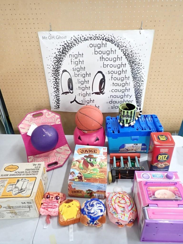 Misc. Lot including Vintage Toys, Flybar Pogo Toy, Sunbeam Mixmaster Slicer attachment, Rattlesnake: Misc. Lot including Vintage Toys, Flybar Pogo Toy, Sunbeam Mixmaster Slicer attachment, Rattlesnake Jake Game, Beetlejuice Mug, Cookeez Plush Food and Makery, Ritz Tin, etc. All pictures are considere
