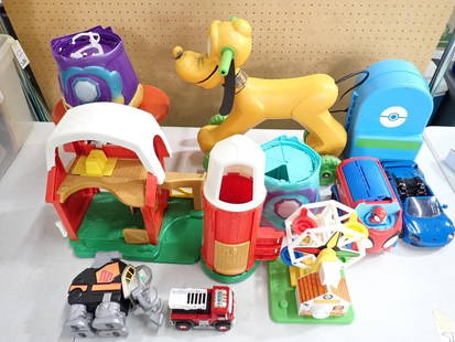 Vintage Toy Lot including Fisher Price Little People Farm house, Ferris Wheel, Power Rangers, Walt: Vintage Toy Lot including Fisher Price Little People Farm house, Ferris Wheel, Power Rangers, Walt Disney Pluto Kiddie Ride Scooter, Spider Man Van, etc. All pictures are considered part of the descri