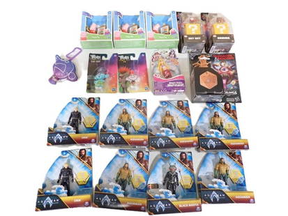 Misc. Toy Lot including New in Package Aquaman Action Figures, Super Mario Movie Mini Figures, Peppa: Misc. Toy Lot including New in Package Aquaman Action Figures, Super Mario Movie Mini Figures, Peppa Pig, Dungeons and Dragons, Trolls, Pets Alive Mermaid, etc. All pictures are considered part of the