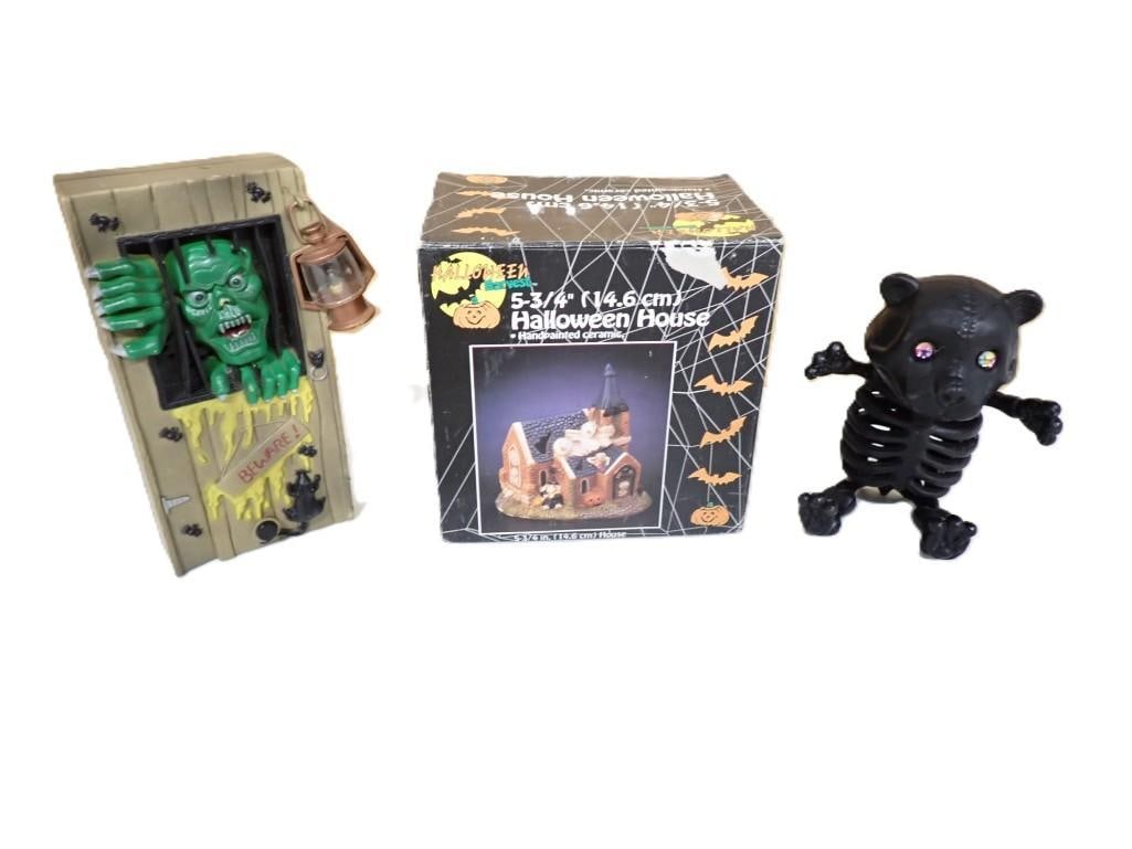Halloween Lot including Painted Ceramic Halloween House, Frankenstein Monster Doorbell, Skeleton Bea: Halloween Lot including Painted Ceramic Halloween House, Frankenstein Monster Doorbell, Skeleton Bear All pictures are considered part of the description and should be examined carefully by bidders. L