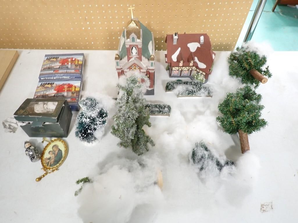 Christmas Decor Lot etc. including Trees, Lionel Calendars, Dept. 56 Village Hall, Tinker Bell's Tre: Christmas Decor Lot etc. including Trees, Lionel Calendars, Dept. 56 Village Hall, Tinker Bell's Treasures, etc. All pictures are considered part of the description and should be examined carefull