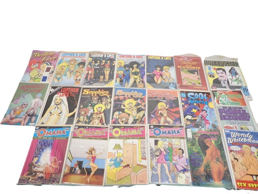 Lot of adult Comic Books including Leather & Lace, Thrilling Love, Skinheads in Love, Sapphire, Femm (1 of 10)