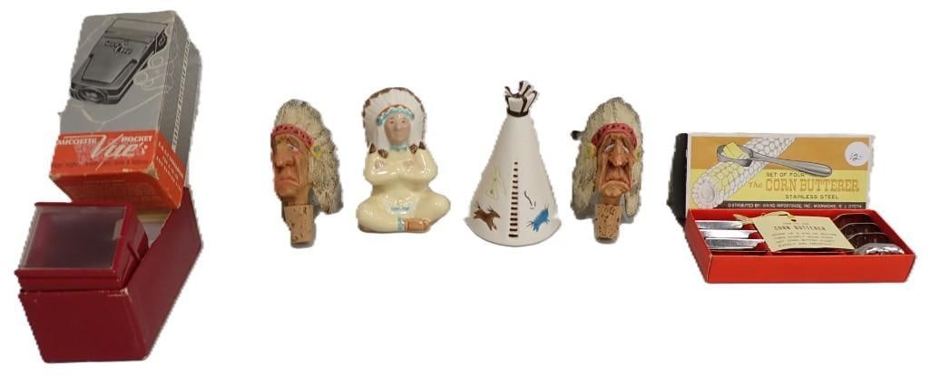 Misc Lot including Native American Figures / Wine Stoppers, Set of 4 Corn Butterers, Portable Slide: Misc Lot including Native American Figures / Wine Stoppers, Set of 4 Corn Butterers, Portable Slide Viewer All pictures are considered part of the description and should be examined carefully by bidd