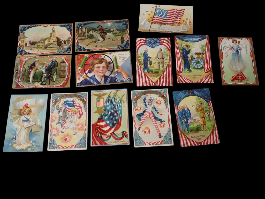 13 Antique Patriotic 4th of July Postcards: 13 Antique Patriotic 4th of July Independence Day Postcards including some blank and some with correspondence. Nice lot of antique ephemera. All pictures are considered part of the description