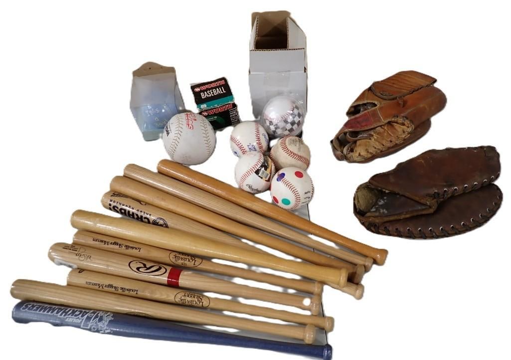 Sports Lot including Vintage Baseball Gloves / Mitts, Mini Bats, Balls, Softball, etc. (1 of 5)