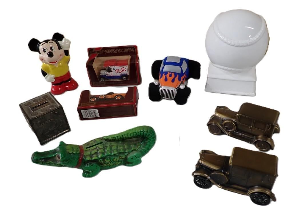 Misc Collectibles Lot including Mickey Mouse, Banks, Matchbox Pepsi, Alligator, Cass, etc. (1 of 6)