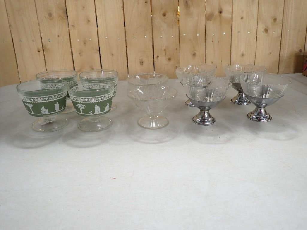 McBeth-Evans American Sweet Depression Glass Sherbets incl 4 with Metal Bases: McBeth-Evans American Sweet Depression Glass Sherbets incl 4 with Metal Bases and 4 Jeanette Glass Company Hellenic Sherbets or Dessert Cups All pictures are considered part of the description and sho