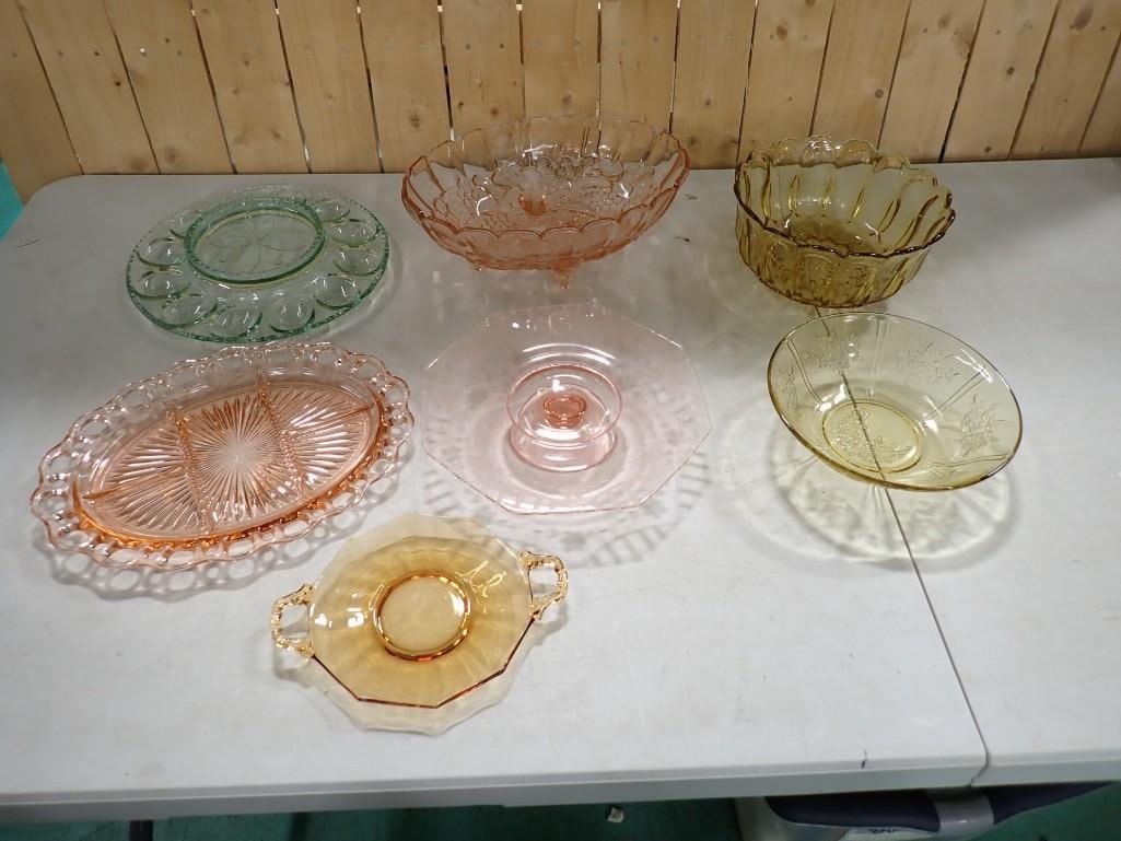 Colored Glass incl Green Glass Deviled Egg Plate, Pink Depression Glass incl Lace Edge Divided Plate (1 of 8)