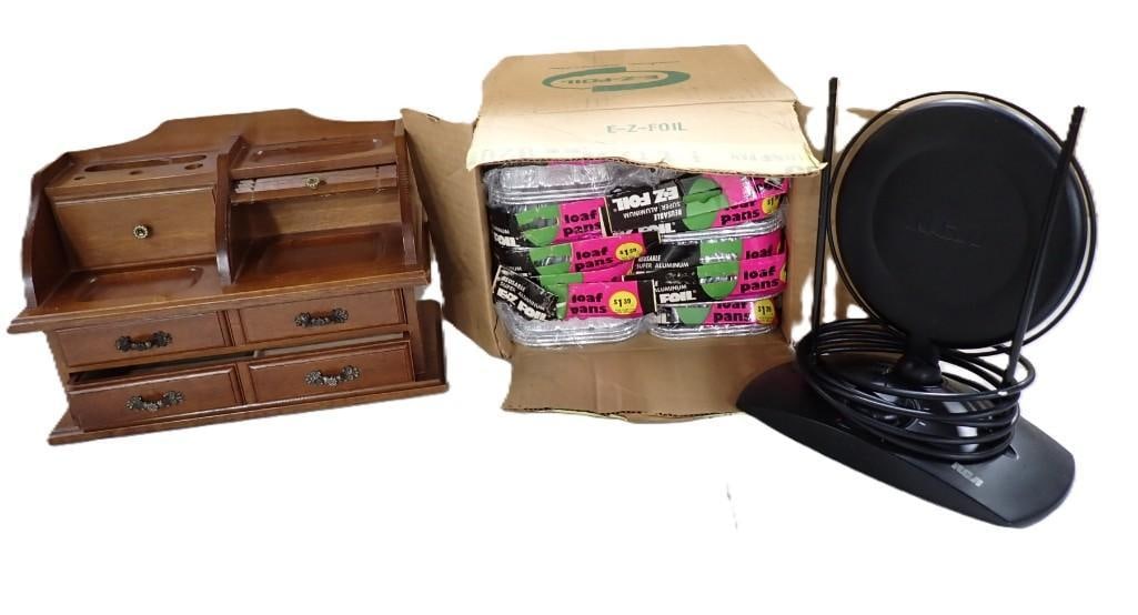 Case of Aluminum Loaf Pans, RCA Antenna, Wooden Jewelry / Trinket Box with Drawers (1 of 9)
