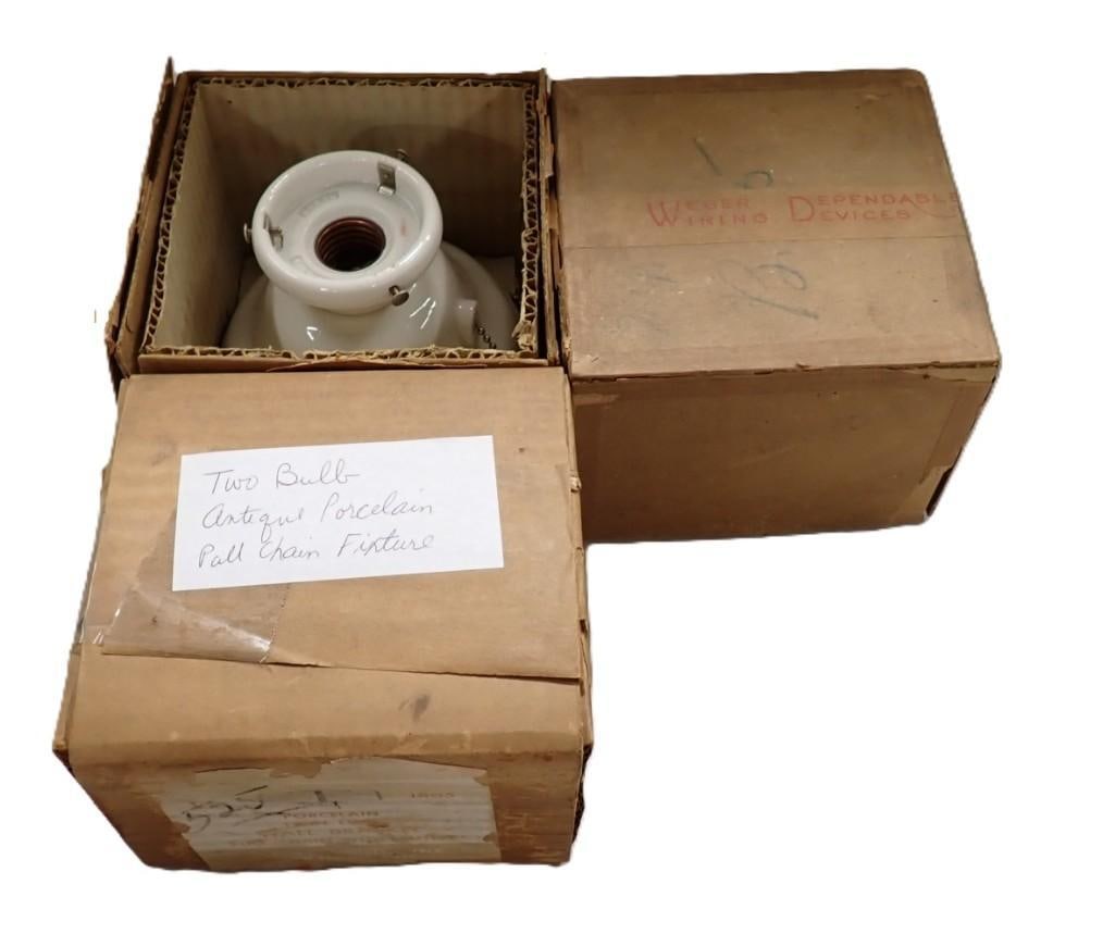 Two Bulb Antique or Vintage Porcelain Pull Chain Fixture: Two Bulb Antique or Vintage Porcelain Pull Chain Fixture All pictures are considered part of the description and should be examined carefully by bidders. Live Auctioneers is now offering Live Shipping