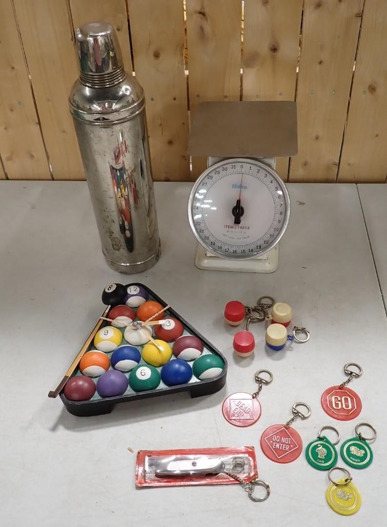 Pool ball Clock, Keychains, Kitchen or postal scale, Old Metal Thermos or Insulated Bottle (1 of 6)