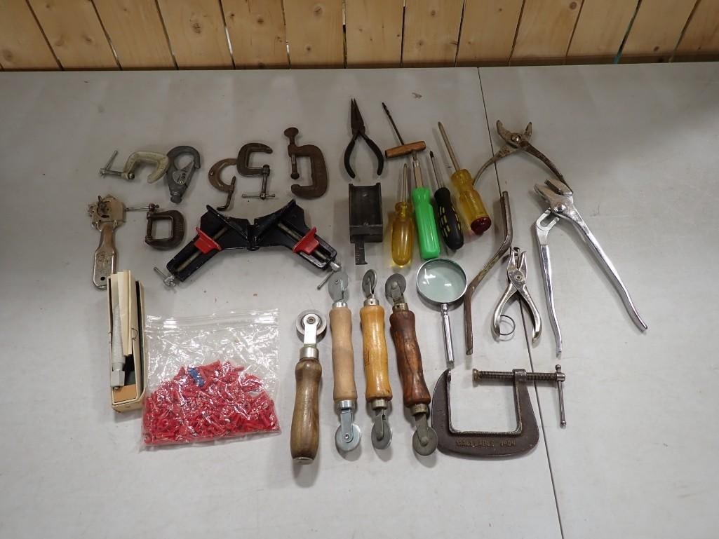 Vintage Tool Lot including C Clamps, Pliers, hole Punch, Screw Drivers, Magnifying Glass, etc. (1 of 4)