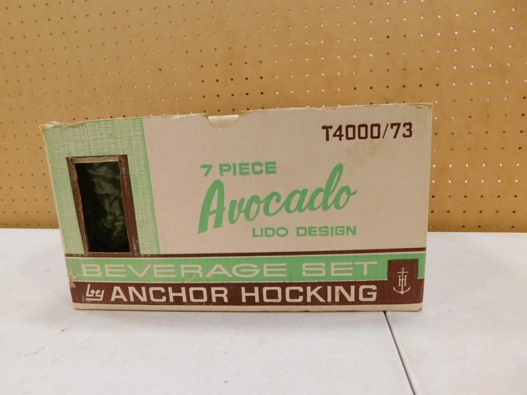 Vintage 7 Pc Anchor Hocking Lido Beverage Set in Original Box Avocado Green (1 of 8)