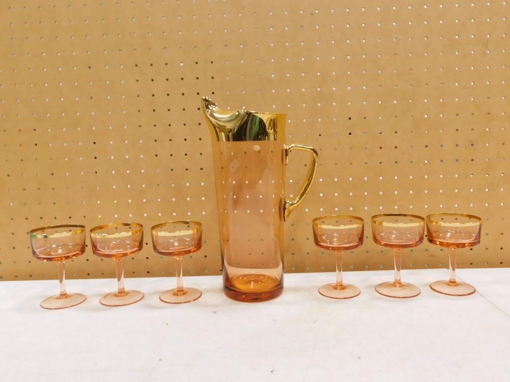 Vintage MCM Pink and Gold 7 pc Cocktail Pitcher Set incl 6 Stemware Glasses and a Pitcher (1 of 8)