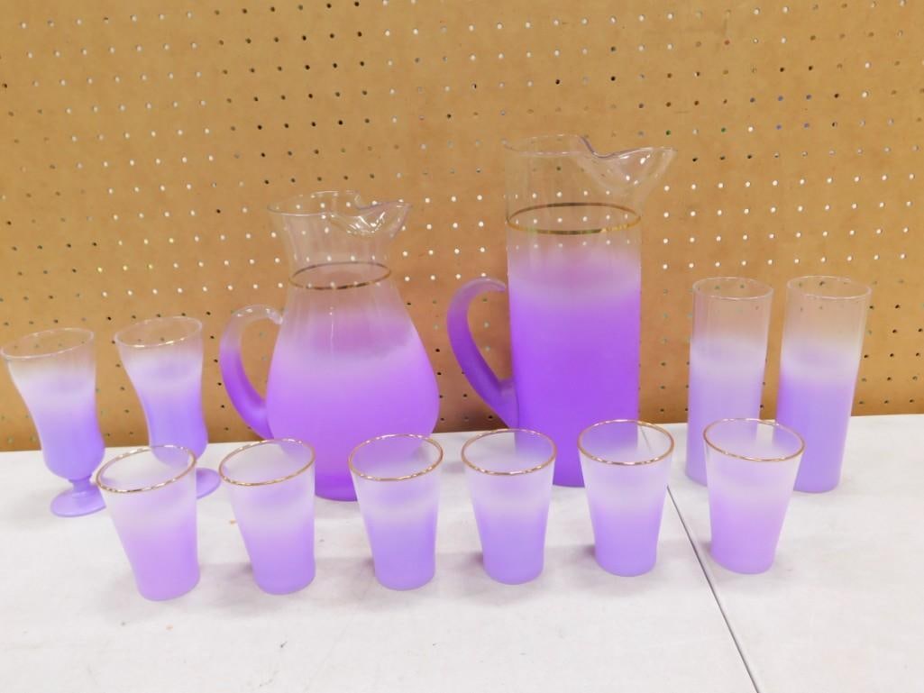 Vintage MCM West Virginia Glass Co Blendo Lavender Glassware incl 2 Pitchers, 2 Sundae Glasses, (1 of 12)