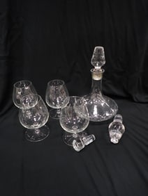 Crystal Decanter, 4 glasses and some stoppers