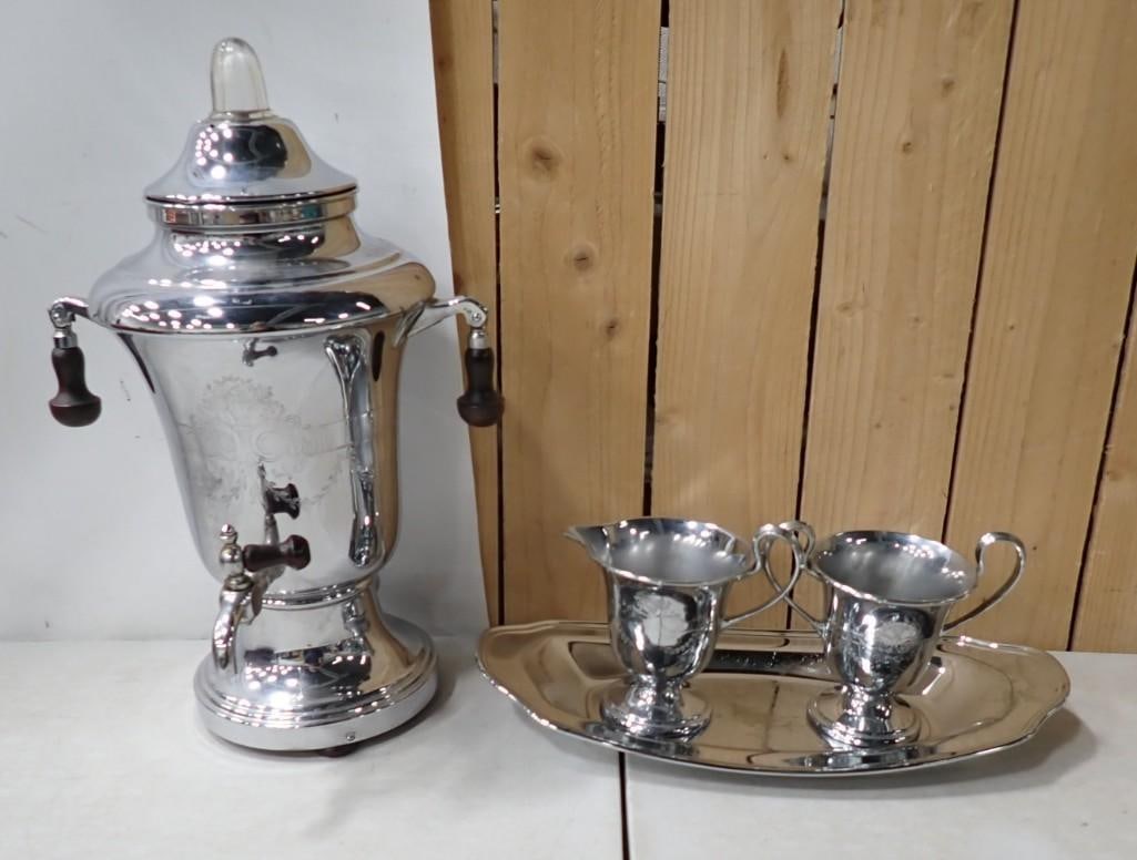 Vintage Chrome Coffee Percolator / Samovar Plus Creamer, Sugar and Tray (1 of 9)
