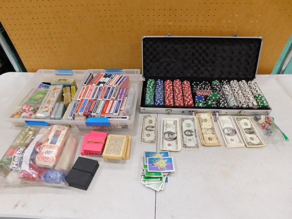 Nice set of poker chips with aluminum case, lots of assorted playing cards, dice, phony money, etc. (1 of 10)
