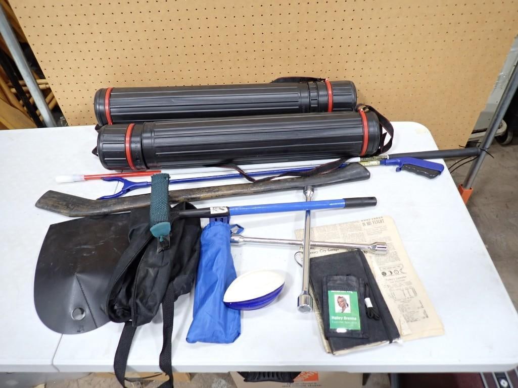 Tools incl Tire Iron, Grabber, Document Tubes, Window Squeegee, Newspaper, etc Movie or TV Props: Tools incl Tire Iron, Grabber, Document Tubes, Window Squeegee, Newspaper, etc Movie or TV Props NO COA or Paperwork The consignor worked on multiple movies and TV shows and this lot may have been in 