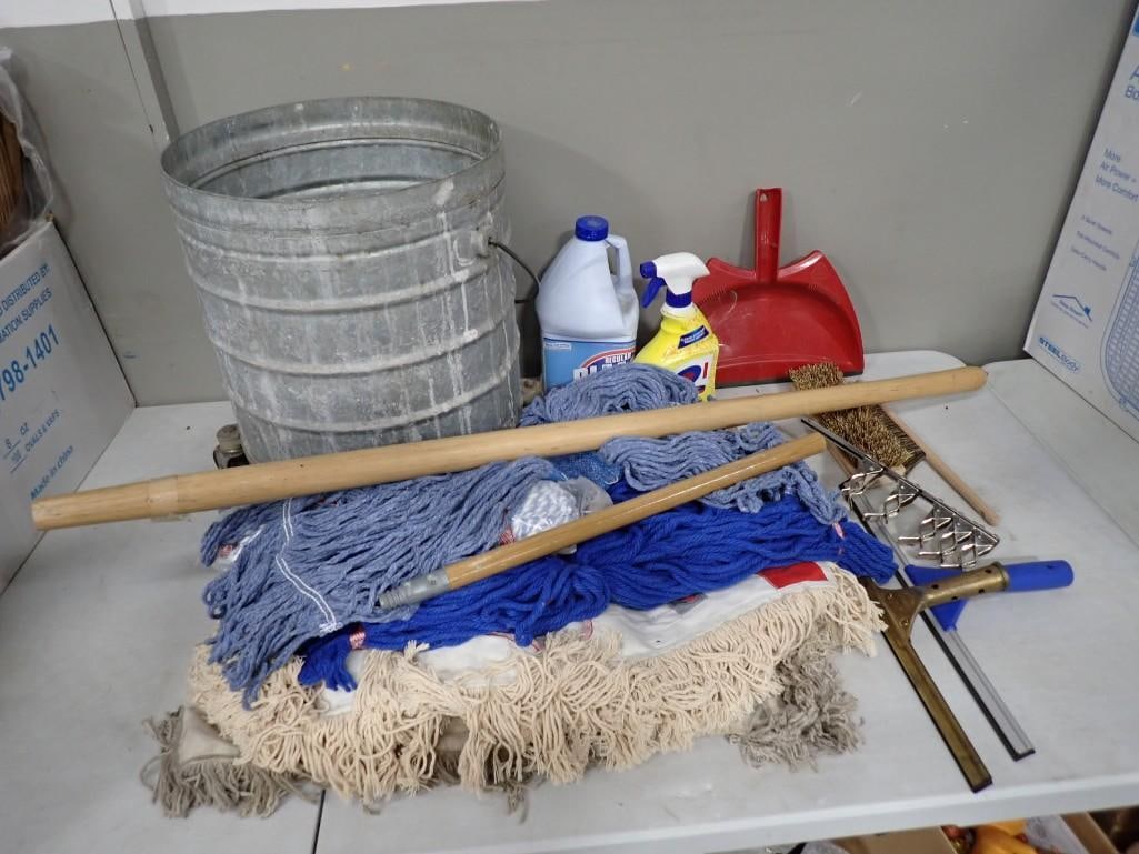Cleaning Items incl Mops, Metal Bucket, Brushes, Squeegee, Empty Cleaning Bottles, Dustpan: Cleaning Items incl Mops, Metal Bucket, Brushes, Squeegee, Empty Cleaning Bottles, Dustpan TV or Movie Props NO COA or Paperwork The consignor worked on multiple movies and TV shows and this lot 