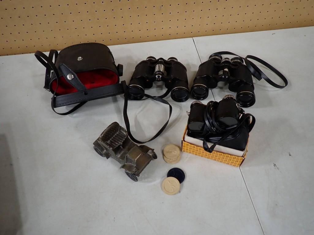 Lot of Binoculars, case, plus a vintage car and chips (1 of 5)