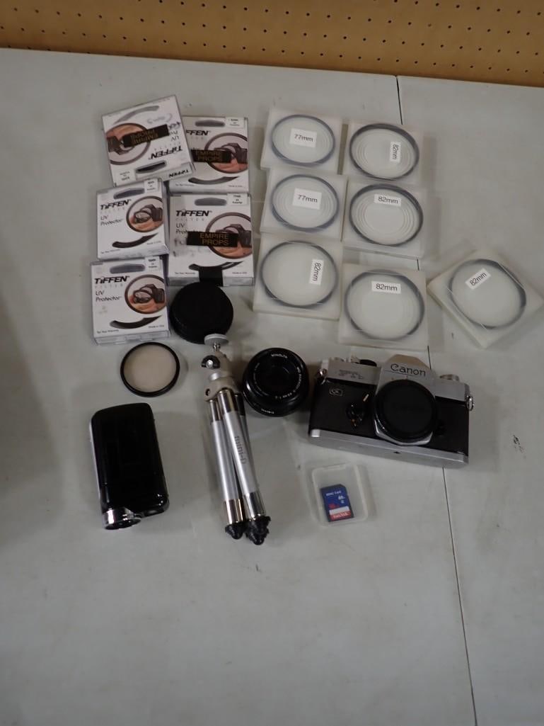 Vintage Canon FT Camera, Lenses, Filters, Mini Tripod, Minolta MD Rokkor-X, etc.: Vintage Canon FT Camera, Lenses, Filters, Mini Tripod, Minolta MD Rokkor-X, etc. May have been used in Movies and/or TV Shows as Props NO COA or Paperwork The consignor worked on multiple movies and T