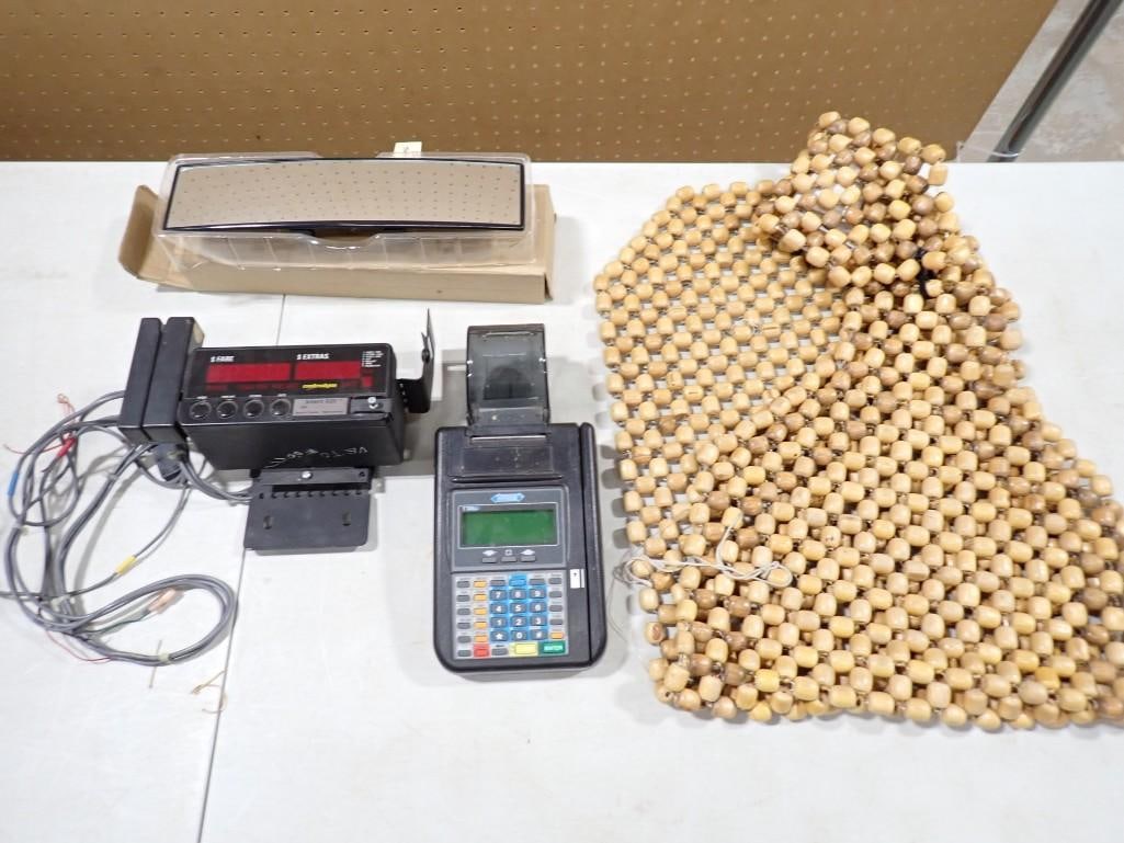 Cab / Taxi Decor / Prop Lot including Beaded Seat Cover, Cab Meter, Credit Card Machine: Cab / Taxi Decor / Prop Lot including Beaded Seat Cover, Cab Meter, Credit Card Machine. These were likely used in TV Shows and/or Movies as props. Machines are untested. NO COA or Paperwo