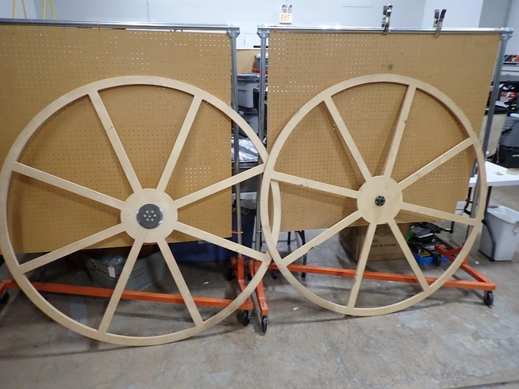 2 Large Unfinished Wood Decorative Wheels TV or Movie Props - roughly 5 feet in Diameter: 2 Large Unfinished Wood Decorative Wheels TV or Movie Props - roughly 5 feet in Diameter NO COA or Paperwork The consignor worked on multiple movies and TV shows and this lot may have been in any of t