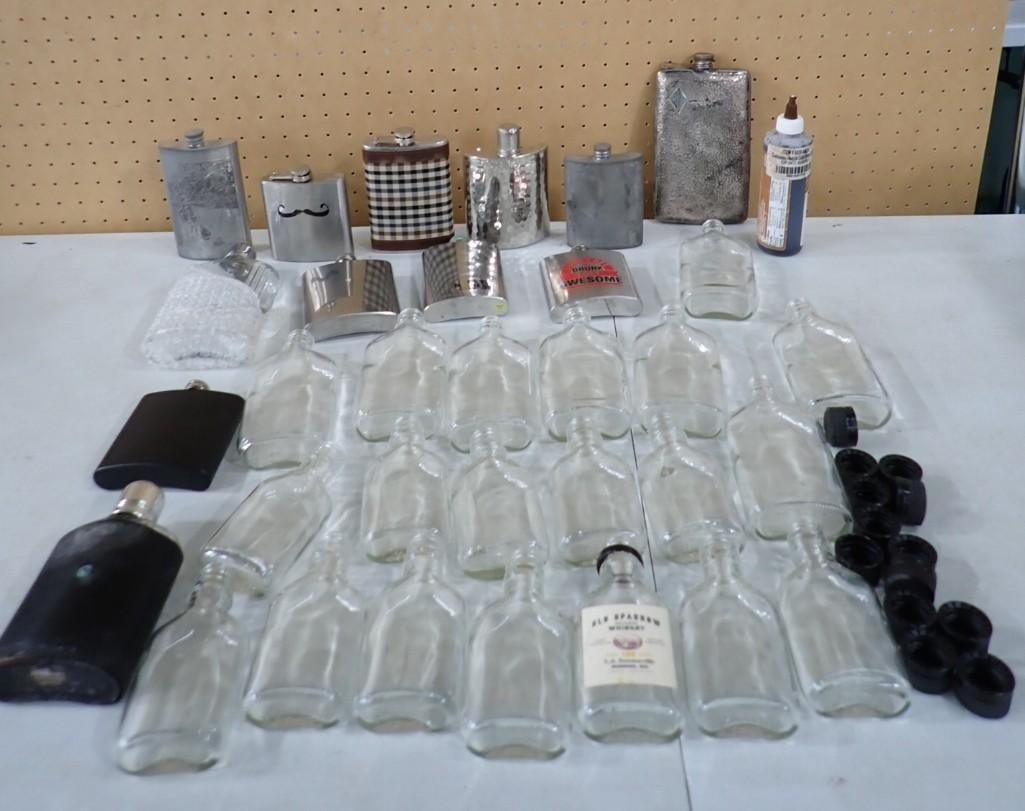 Large Lot of assorted Liquor Flasks including Glass and Metal ones. Likely as TV Show or Movie Prop: Large Lot of assorted Liquor Flasks including Glass and Metal ones. Likely as TV Show or Movie Props May have been used in Movies and/or TV Shows as Props NO COA or Paperwork The consignor worked on m