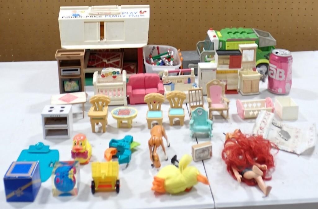 Toy Lot including Doll Furniture, Fisher Price Family Farm, etc: Toy Lot including Doll Furniture, Fisher Price Family Farm, etc May have been used in Movies and/or TV Shows as Props NO COA or Paperwork The consignor worked on multiple movies and TV shows and this 