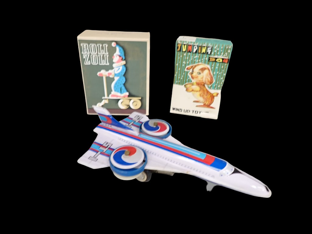 Tin Litho Toys incl Jumping Dog Wind Up Toy, Roli Zoli Clown Wind Up Toy in Original Boxes Plus Tin (1 of 8)